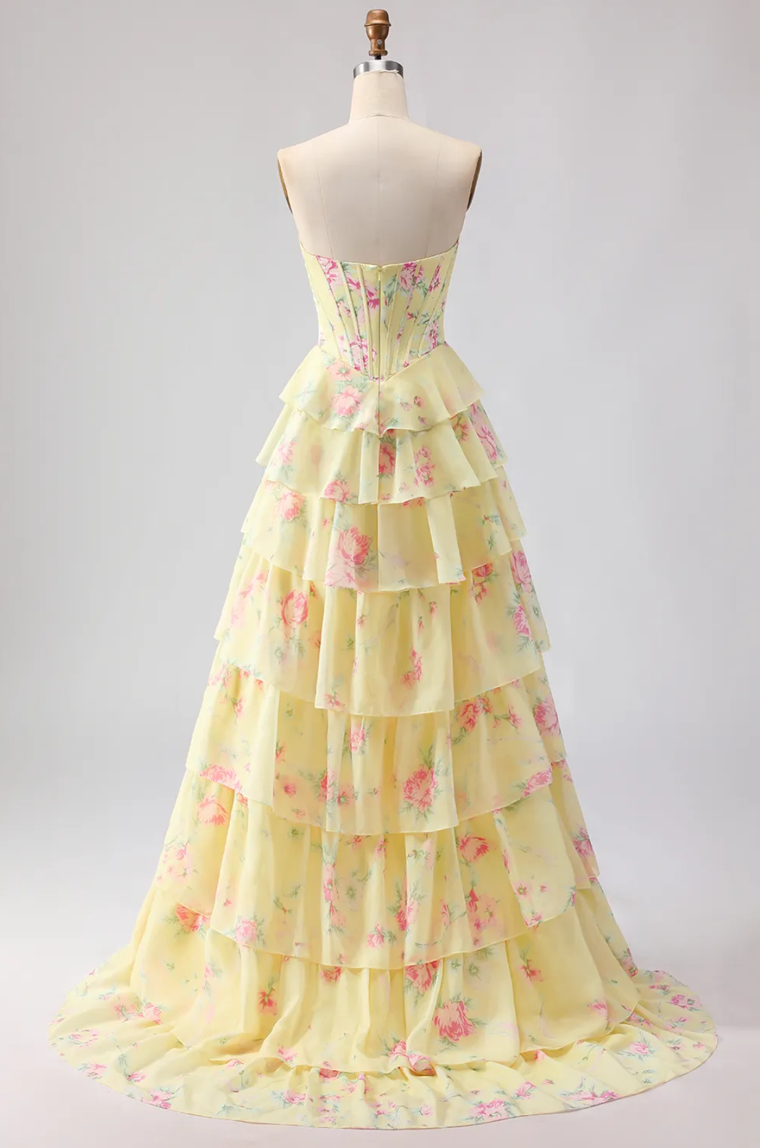Vestido de Fiesta Largo con Corsé, Escote Corazón, Estampado Floral, Volantes en Capas, Abertura Alta y Corpino Bordado