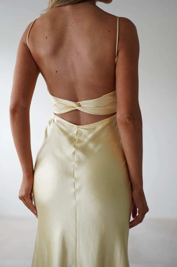 Spaghetti Strap Satin Slit Maxi Dress Bridesmaid Dresses with Backless Draped Bust Soft Satin