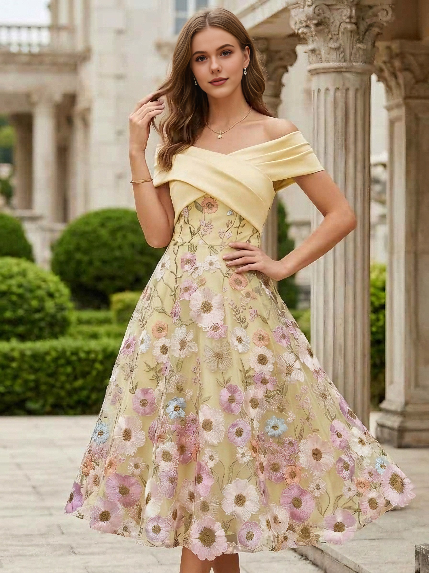 Elegant Floral A-line Off Shoulder Short Sleeve Tea Length Party Dress  Floral Lace Embroidery Satin Formal Gown