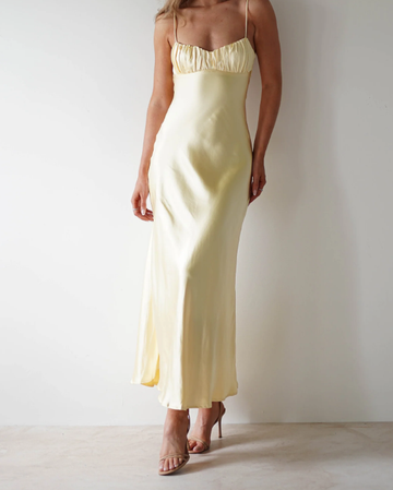 Spaghetti Strap Satin Slit Maxi Dress Bridesmaid Dresses with Backless Draped Bust Soft Satin
