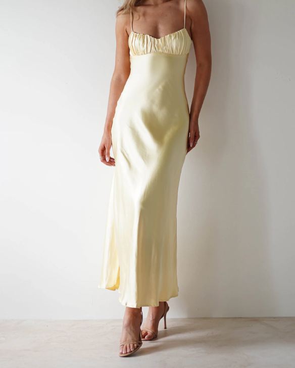 Spaghetti Strap Satin Slit Maxi Dress Bridesmaid Dresses with Backless Draped Bust Soft Satin