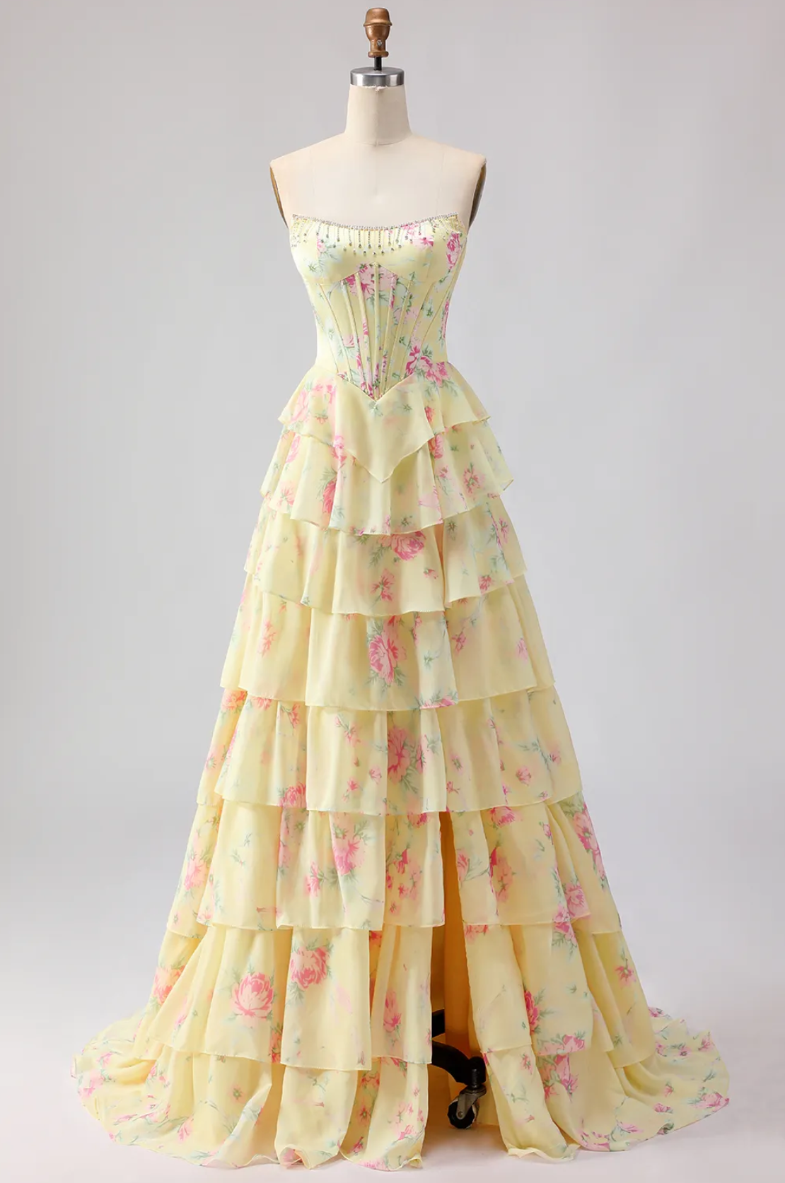 Vestido de Fiesta Largo con Corsé, Escote Corazón, Estampado Floral, Volantes en Capas, Abertura Alta y Corpino Bordado