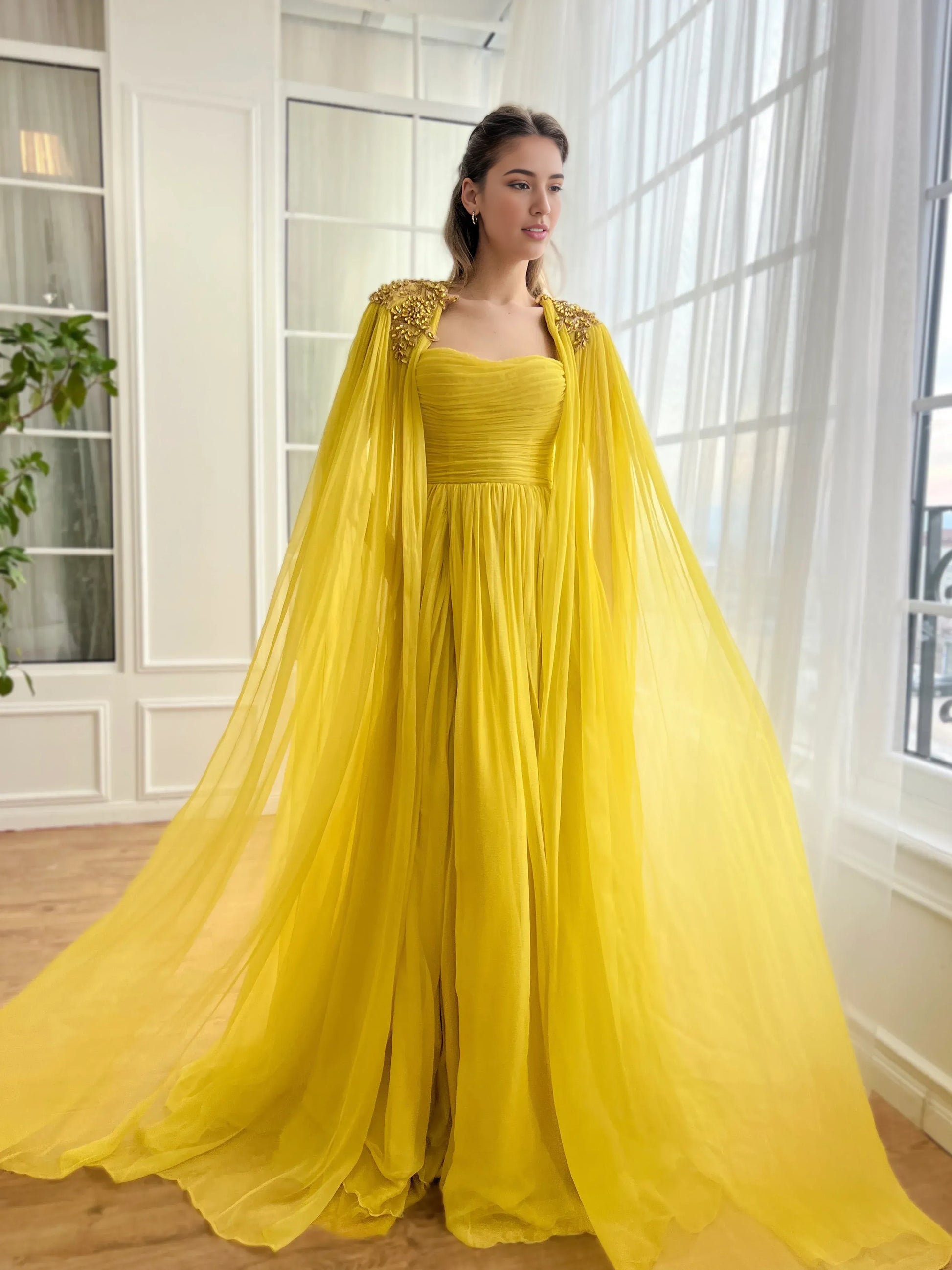 Radiant A-Line Sleeveless Crystal Embellishments Chiffon Draped Bodice Evening Gown with Cape