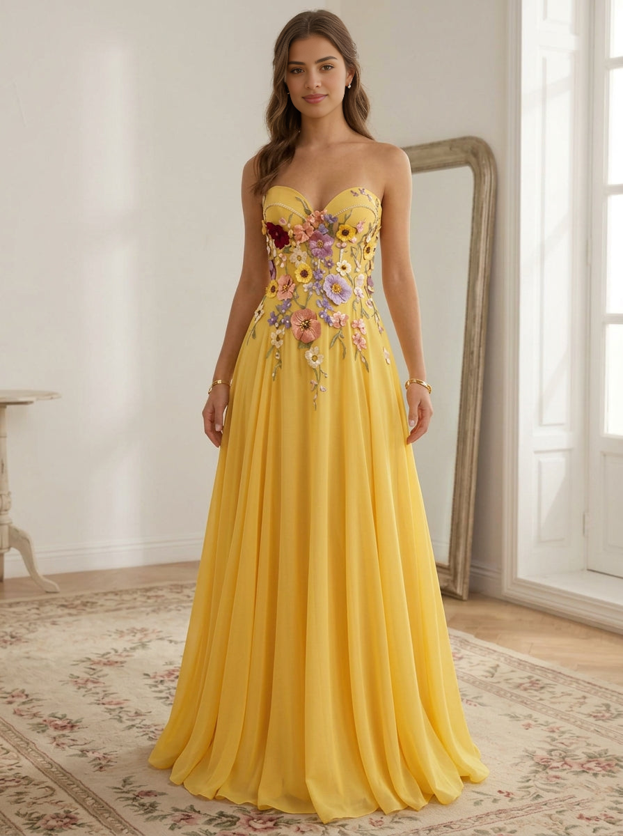 Vestido de Fiesta Largo con Escote Corazón, Tirantes Finos, Bordado Floral y Espalda Abierta, de Corte Princesa/A-Line y Estilo Romántico
