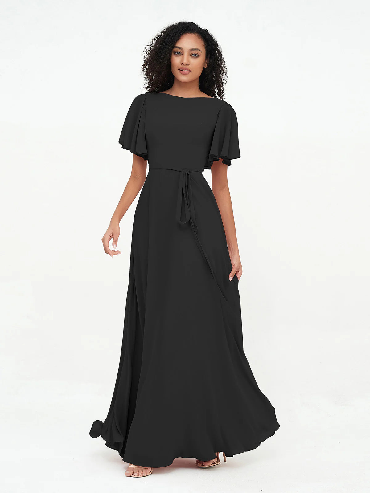 Boat Neck Flutter Sleeve Chiffon A-Line Bridesmaid Maxi Dress with Waist Tie & Pockets