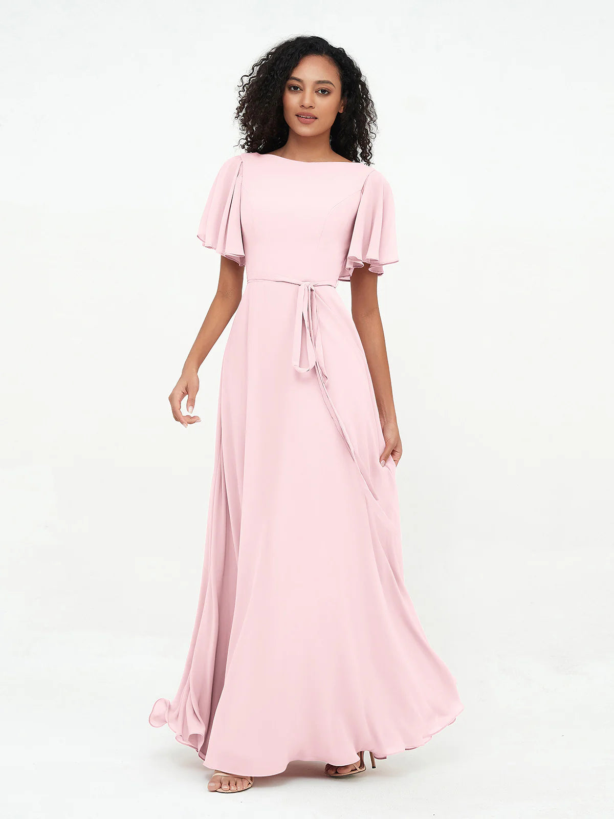 Boat Neck Flutter Sleeve Chiffon A-Line Bridesmaid Maxi Dress with Waist Tie & Pockets