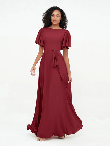 Boat Neck Flutter Sleeve Chiffon A-Line Bridesmaid Maxi Dress with Waist Tie & Pockets