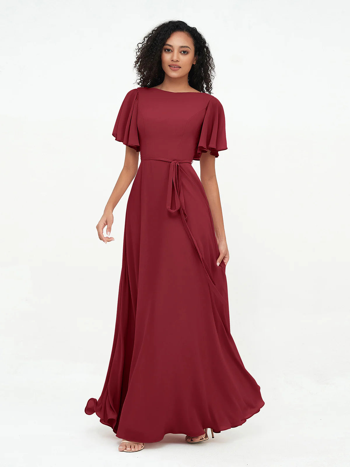 Boat Neck Flutter Sleeve Chiffon A-Line Bridesmaid Maxi Dress with Waist Tie & Pockets