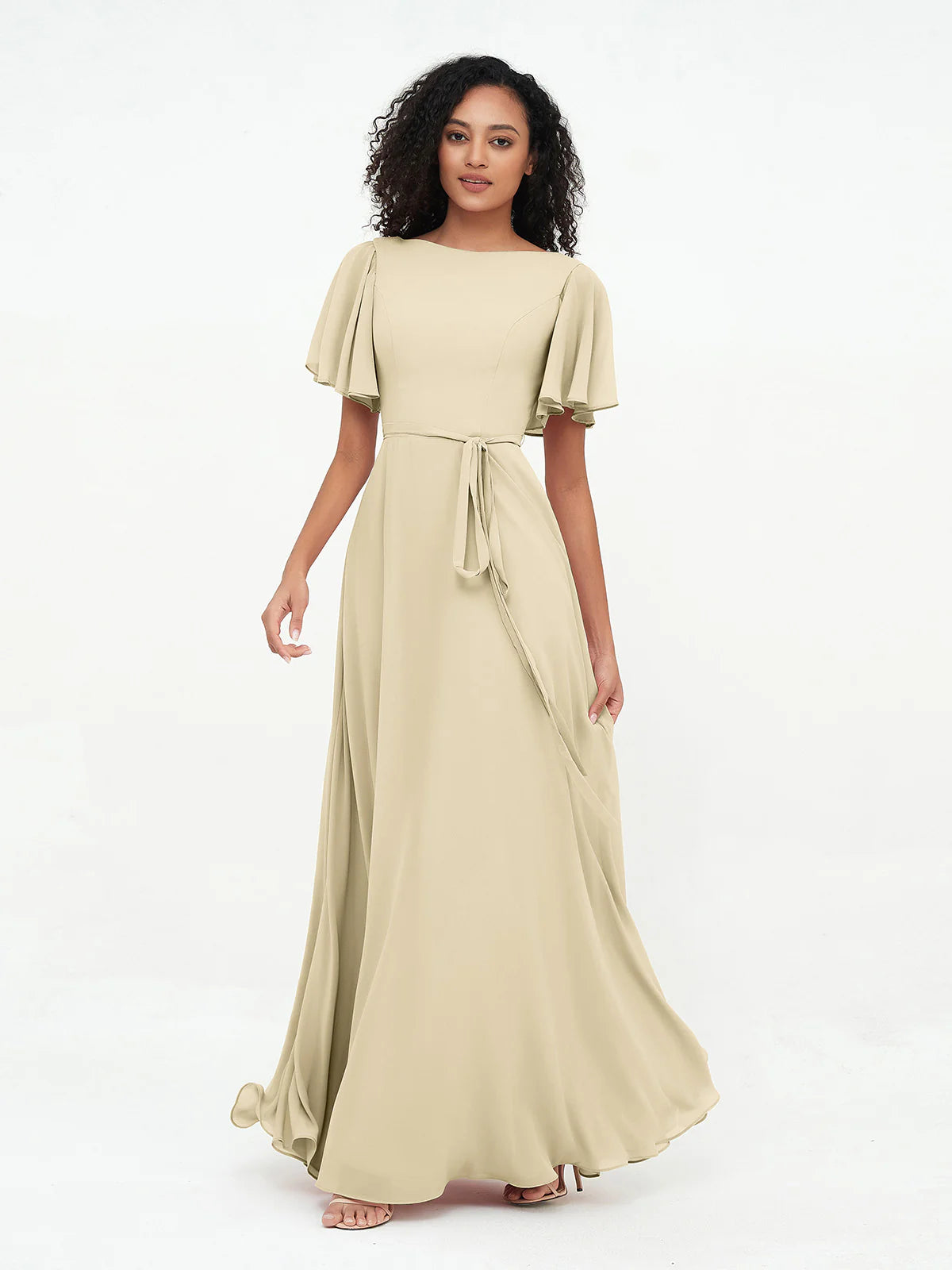 Boat Neck Flutter Sleeve Chiffon A-Line Bridesmaid Maxi Dress with Waist Tie & Pockets