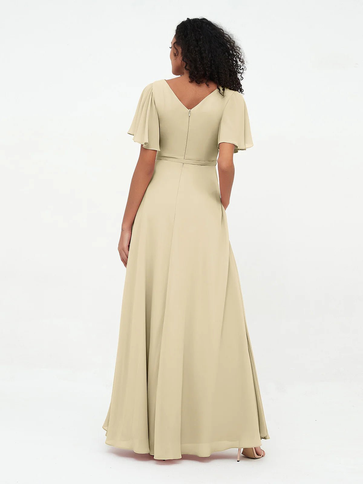 Boat Neck Flutter Sleeve Chiffon A-Line Bridesmaid Maxi Dress with Waist Tie & Pockets