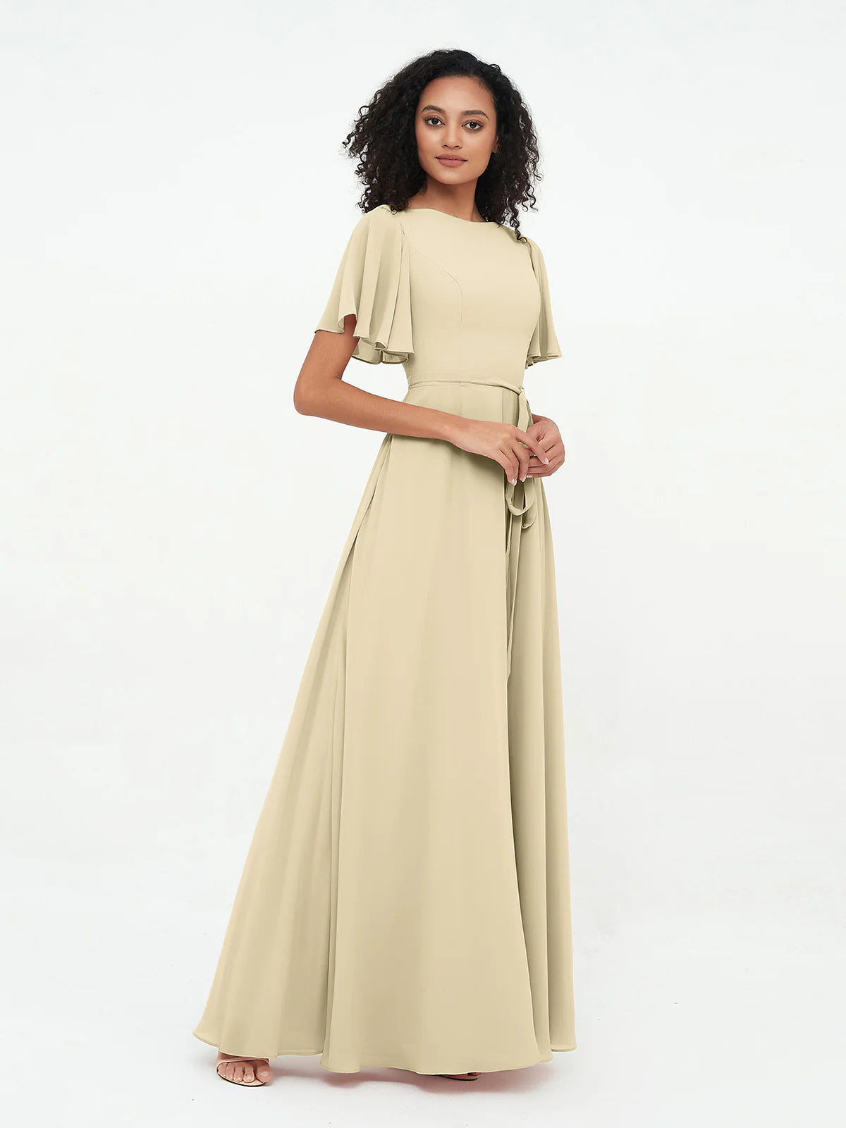 Boat Neck Flutter Sleeve Chiffon A-Line Bridesmaid Maxi Dress with Waist Tie & Pockets