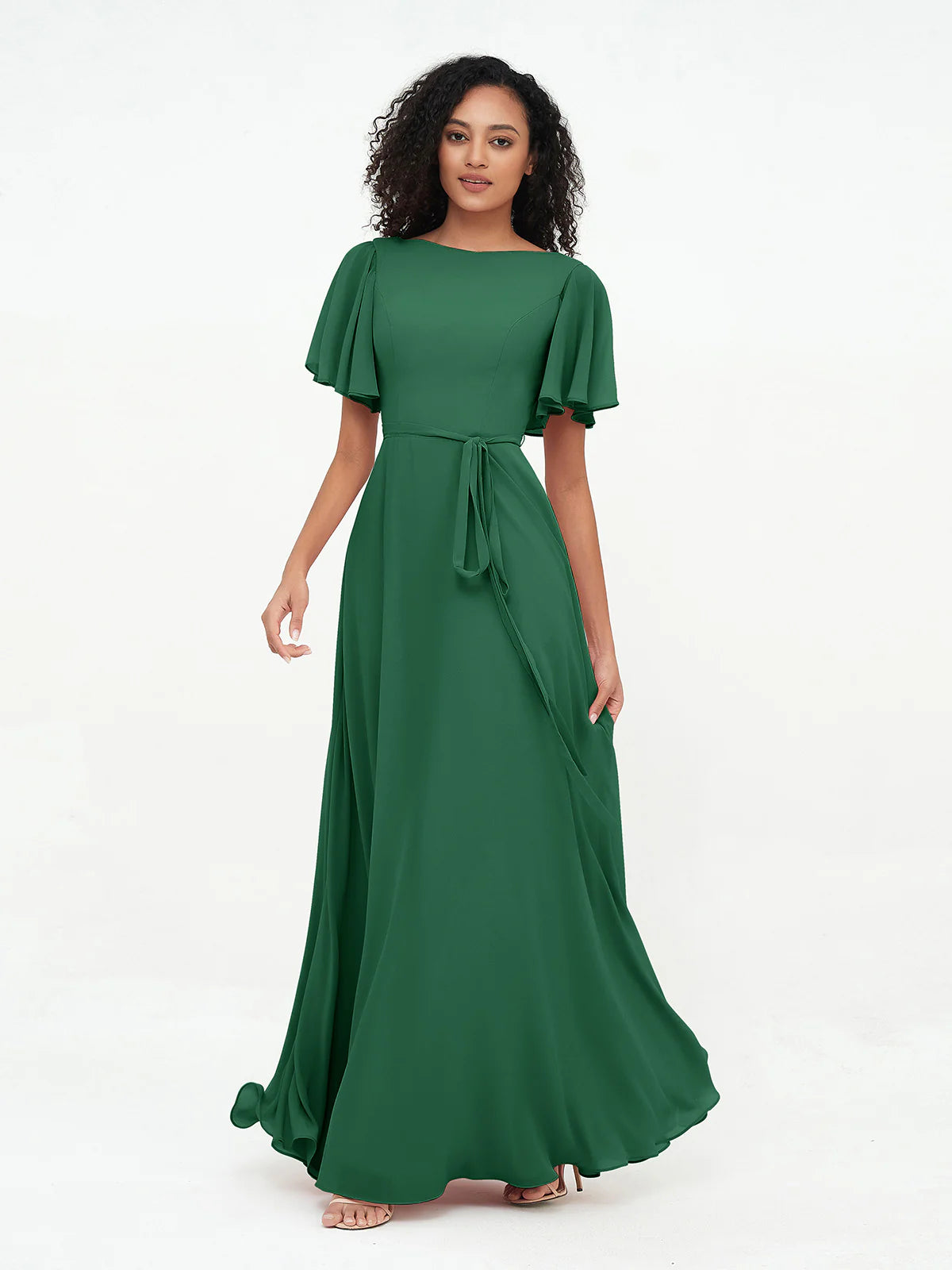 Boat Neck Flutter Sleeve Chiffon A-Line Bridesmaid Maxi Dress with Waist Tie & Pockets