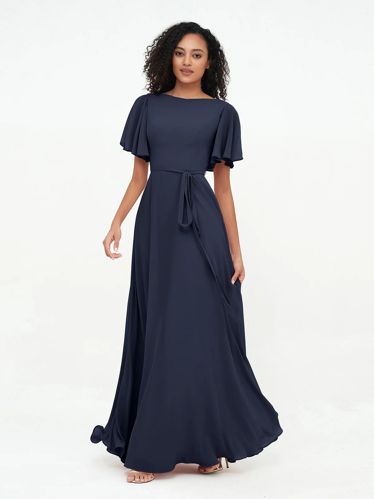 Boat Neck Flutter Sleeve Chiffon A-Line Bridesmaid Maxi Dress with Waist Tie & Pockets