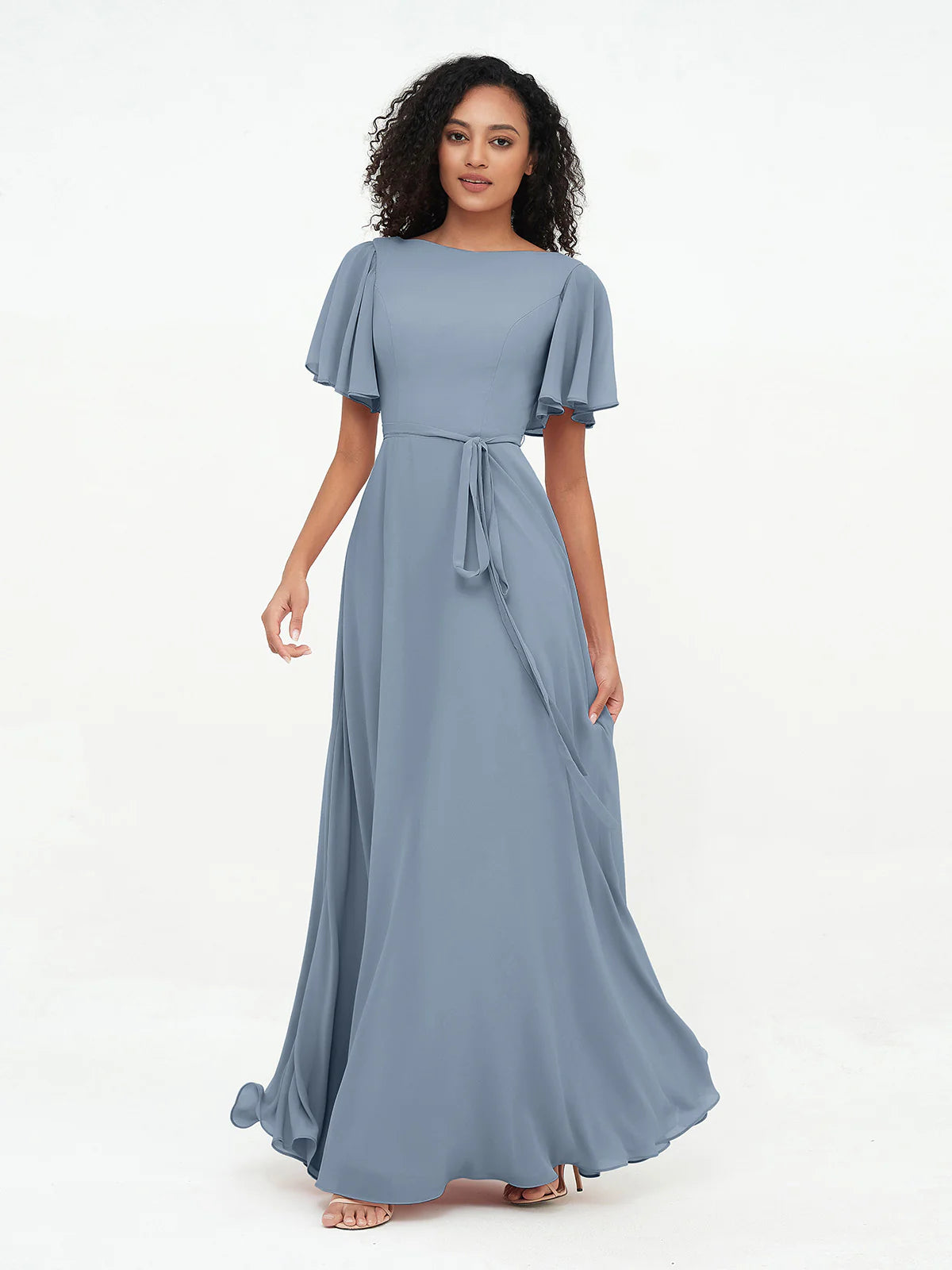 Boat Neck Flutter Sleeve Chiffon A-Line Bridesmaid Maxi Dress with Waist Tie & Pockets