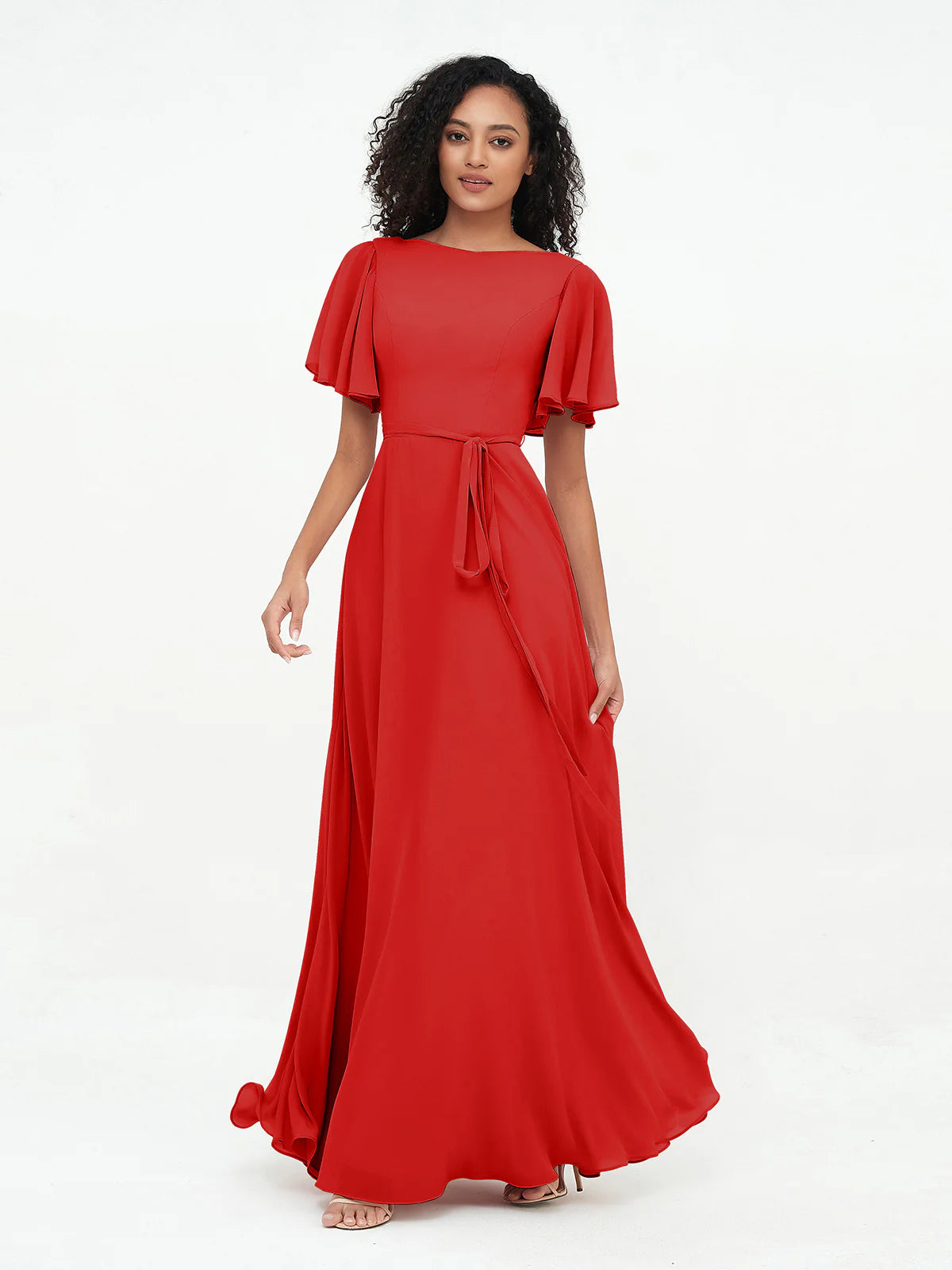 Boat Neck Flutter Sleeve Chiffon A-Line Bridesmaid Maxi Dress with Waist Tie & Pockets