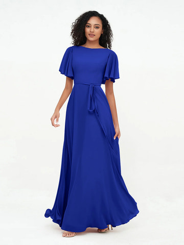 Boat Neck Flutter Sleeve Chiffon A-Line Bridesmaid Maxi Dress with Waist Tie & Pockets