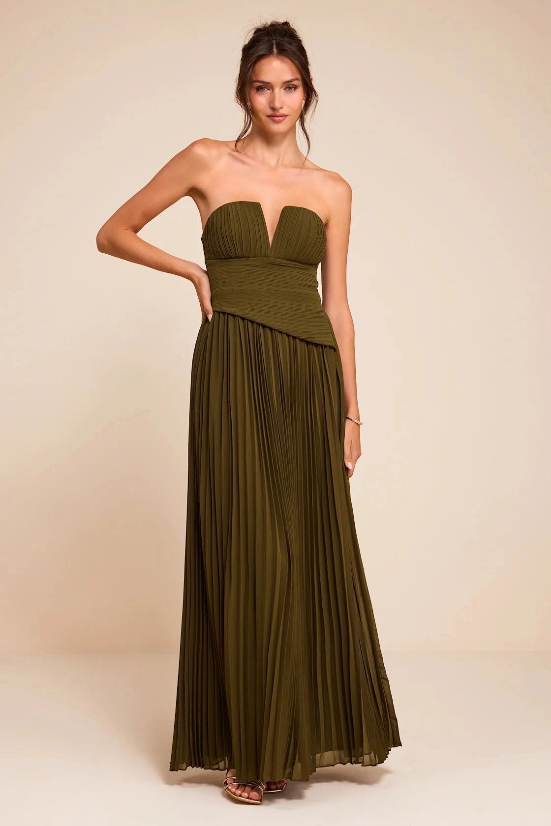 Vedress olive green pleated chiffon strapless plunge a line maxi bridesmaid gown front view