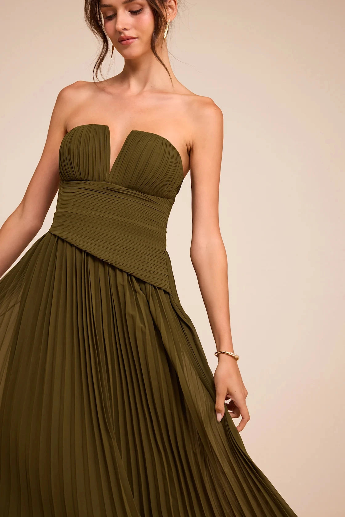 Olive Green A Line Strapless Plunge Open Back Maxi Bridesmaid Gown Vedress