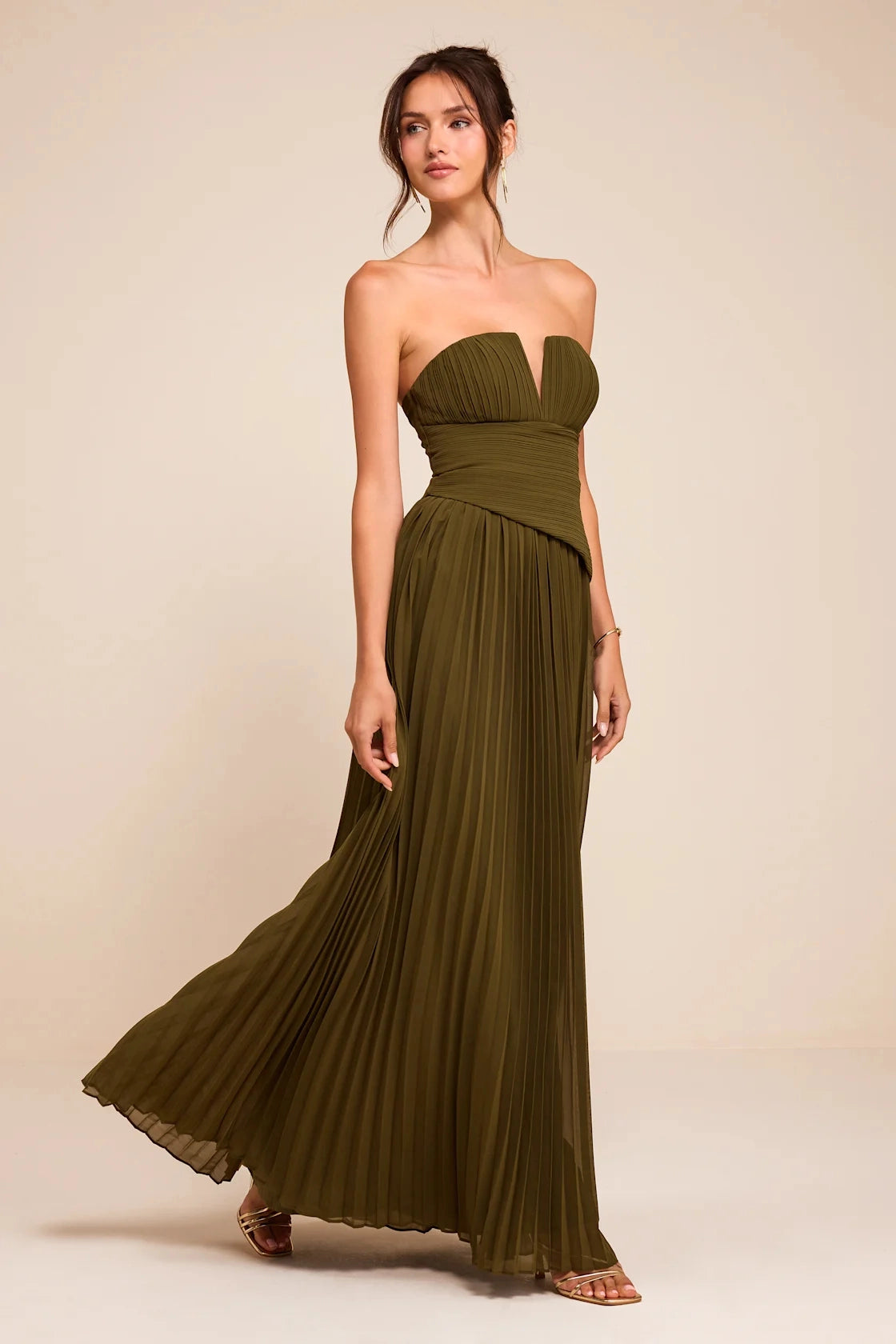 Olive Green A Line Strapless Plunge Open Back Maxi Bridesmaid Gown Vedress