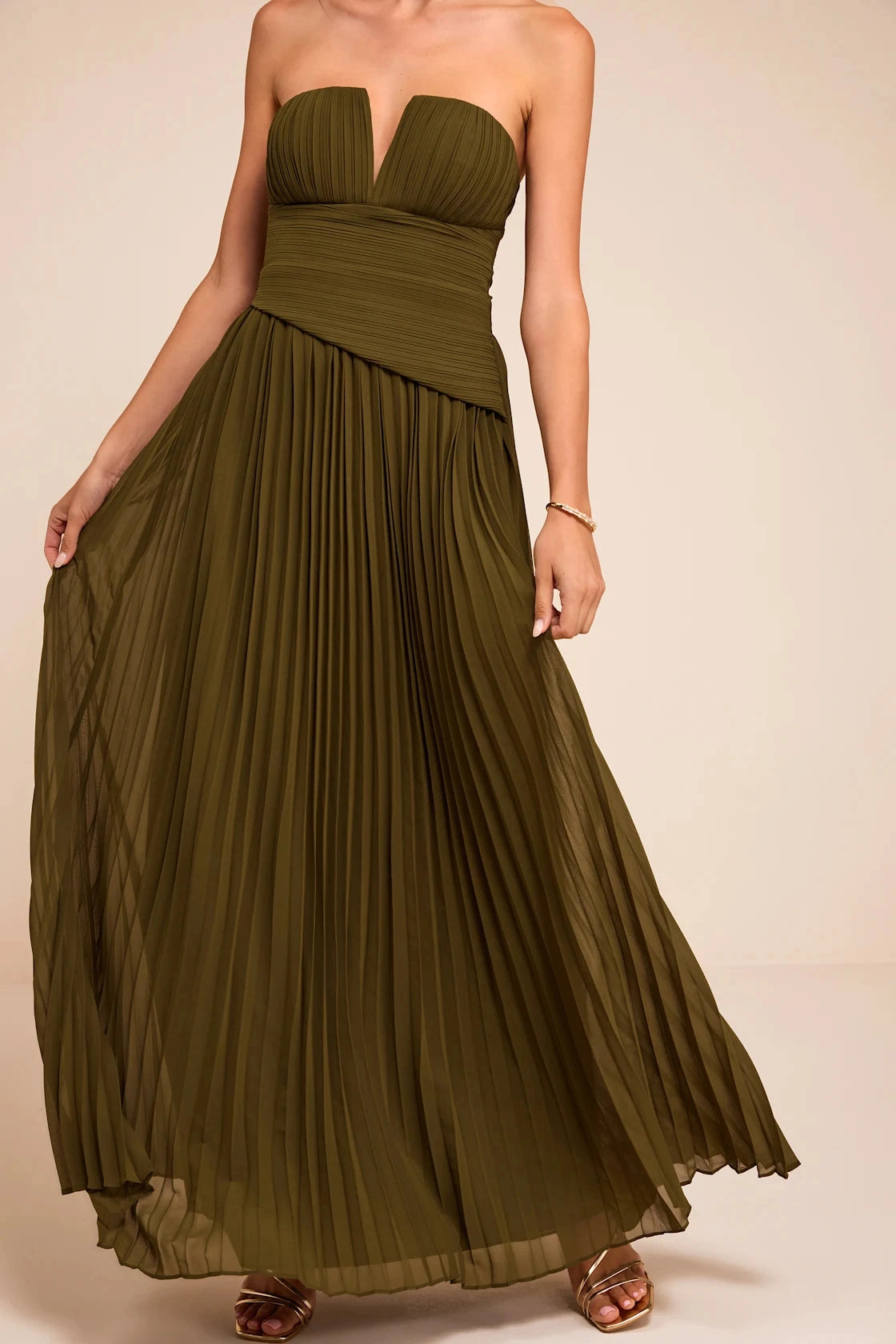 Olive Green A Line Strapless Plunge Open Back Maxi Bridesmaid Gown Vedress