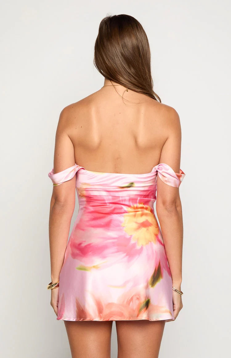 Floral Satin Sheath Off Shoulder Sleeveless Plain Back Mini Homecoming Dress