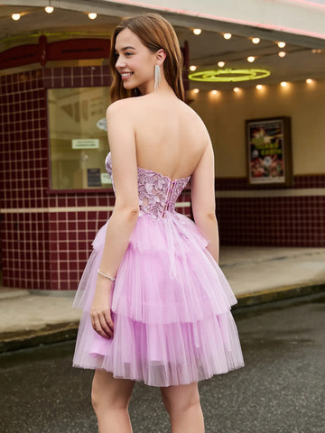 A-line Lace Sweetheart Strapless Corset Top Tiered Tulle Short Homecoming Dress