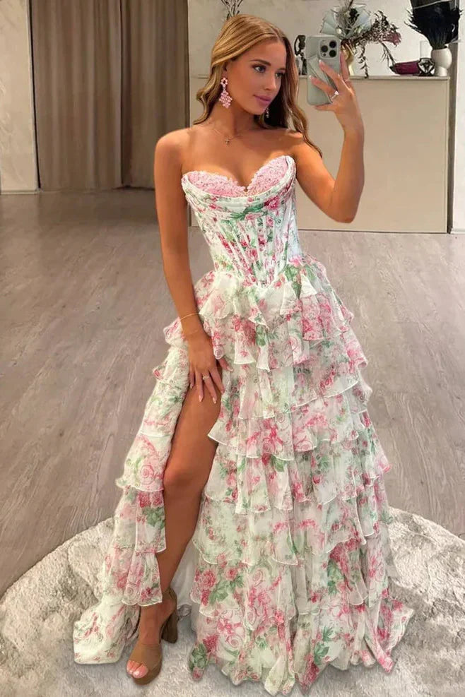 Elegant Floral Tulle A-Line Strapless Corset Ruffle Slit Prom Dres