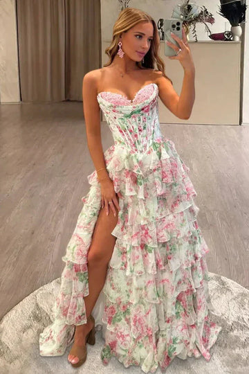 Elegant Floral Tulle A-Line Strapless Corset Ruffle Slit Prom Dres