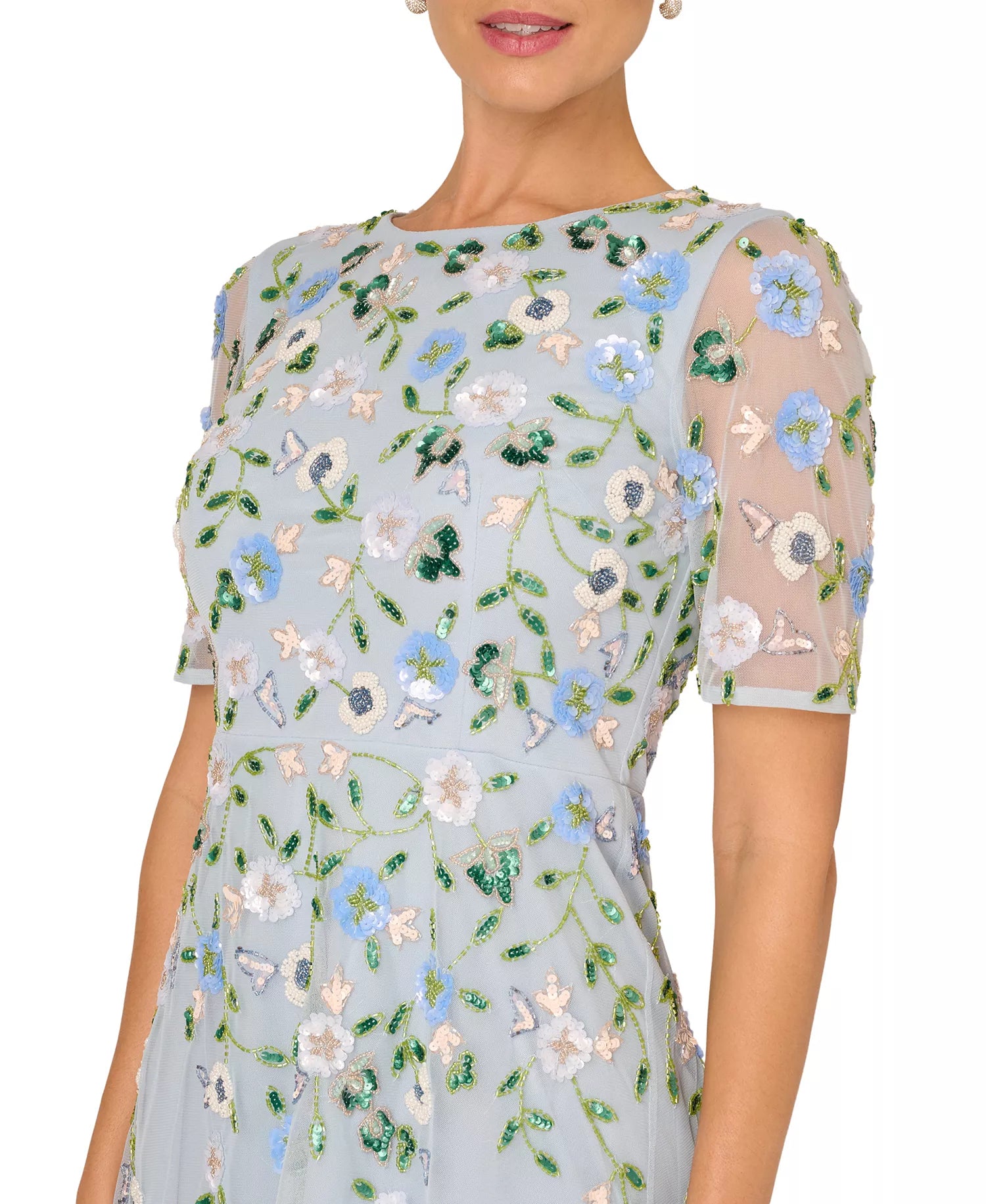 A-Line Round Neck Short Sleeve Mesh Wedding Guest Dress Midi Cocktail Dress with Beaded Floral Embroidery