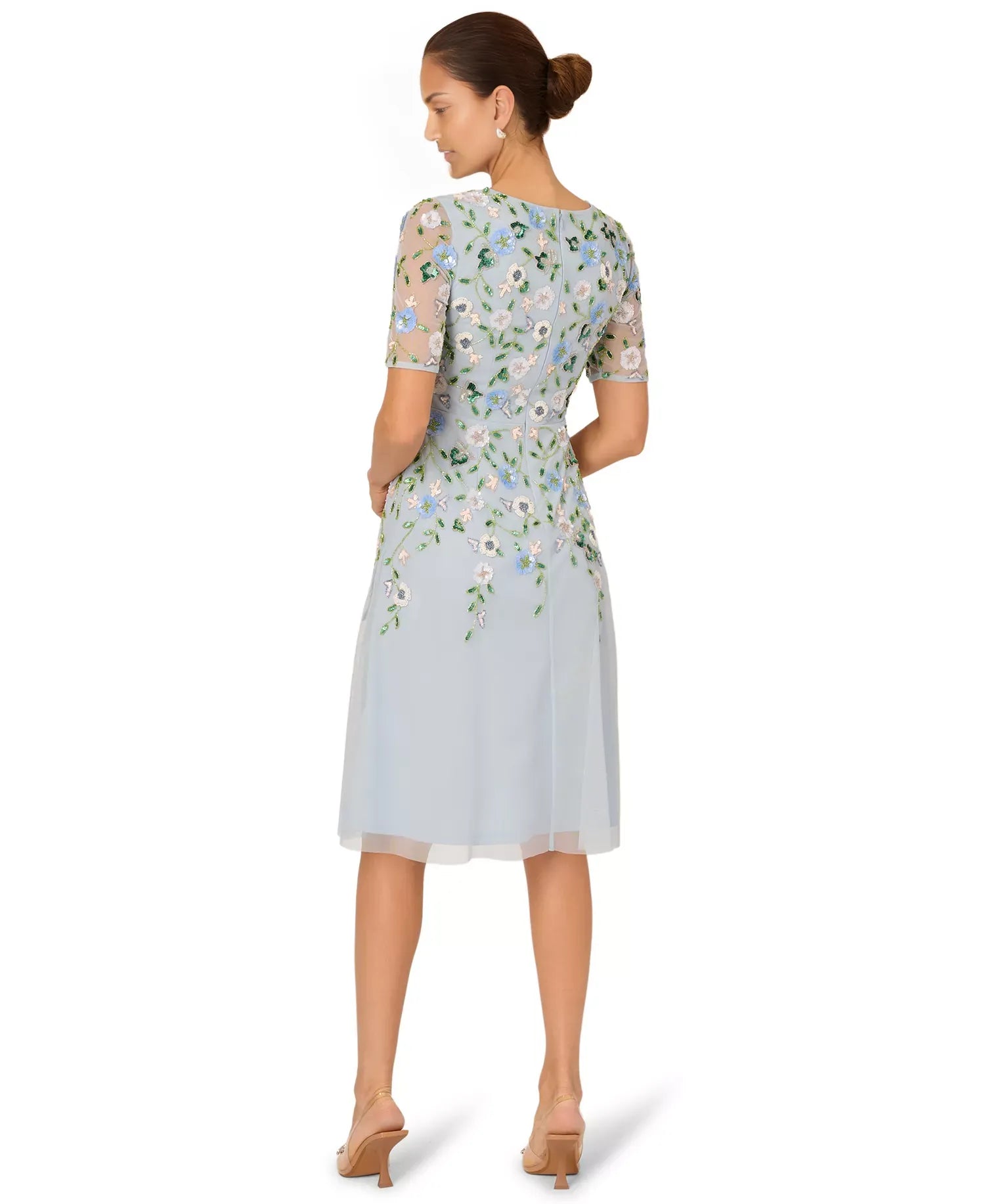 A-Line Round Neck Short Sleeve Mesh Wedding Guest Dress Midi Cocktail Dress with Beaded Floral Embroidery