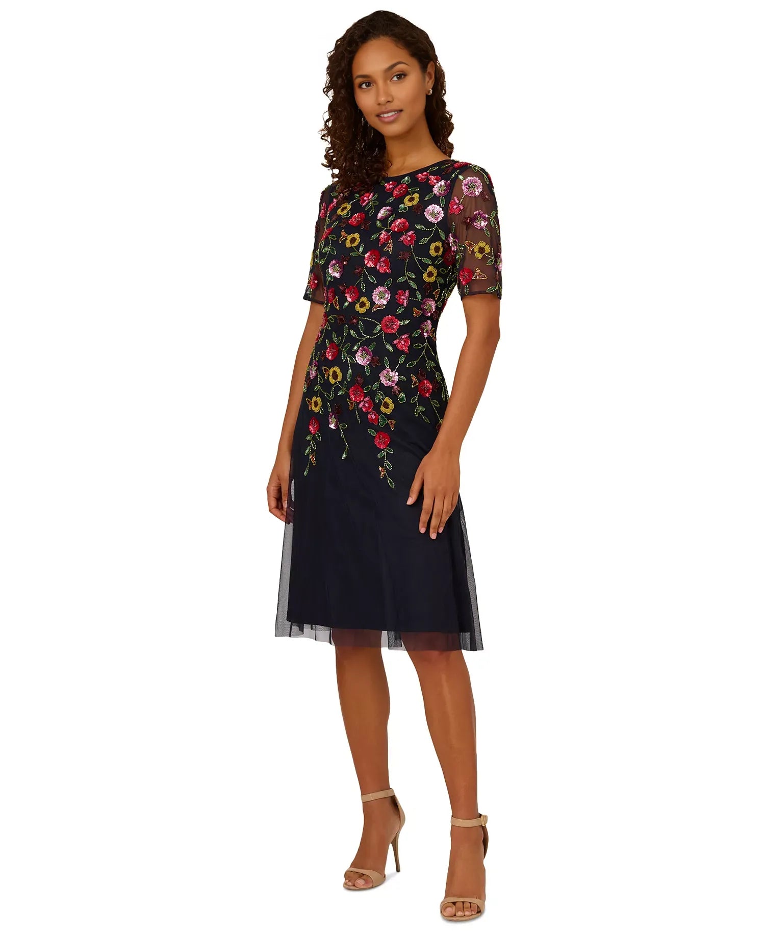 A-Line Round Neck Short Sleeve Mesh Wedding Guest Dress Midi Cocktail Dress with Beaded Floral Embroidery