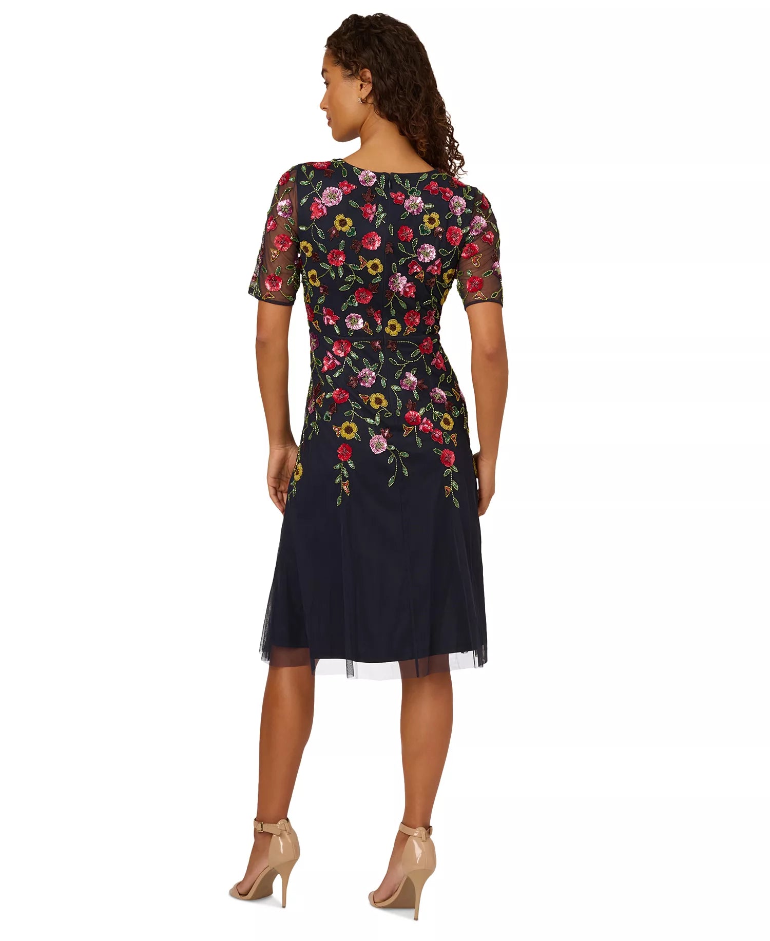 A-Line Round Neck Short Sleeve Mesh Wedding Guest Dress Midi Cocktail Dress with Beaded Floral Embroidery