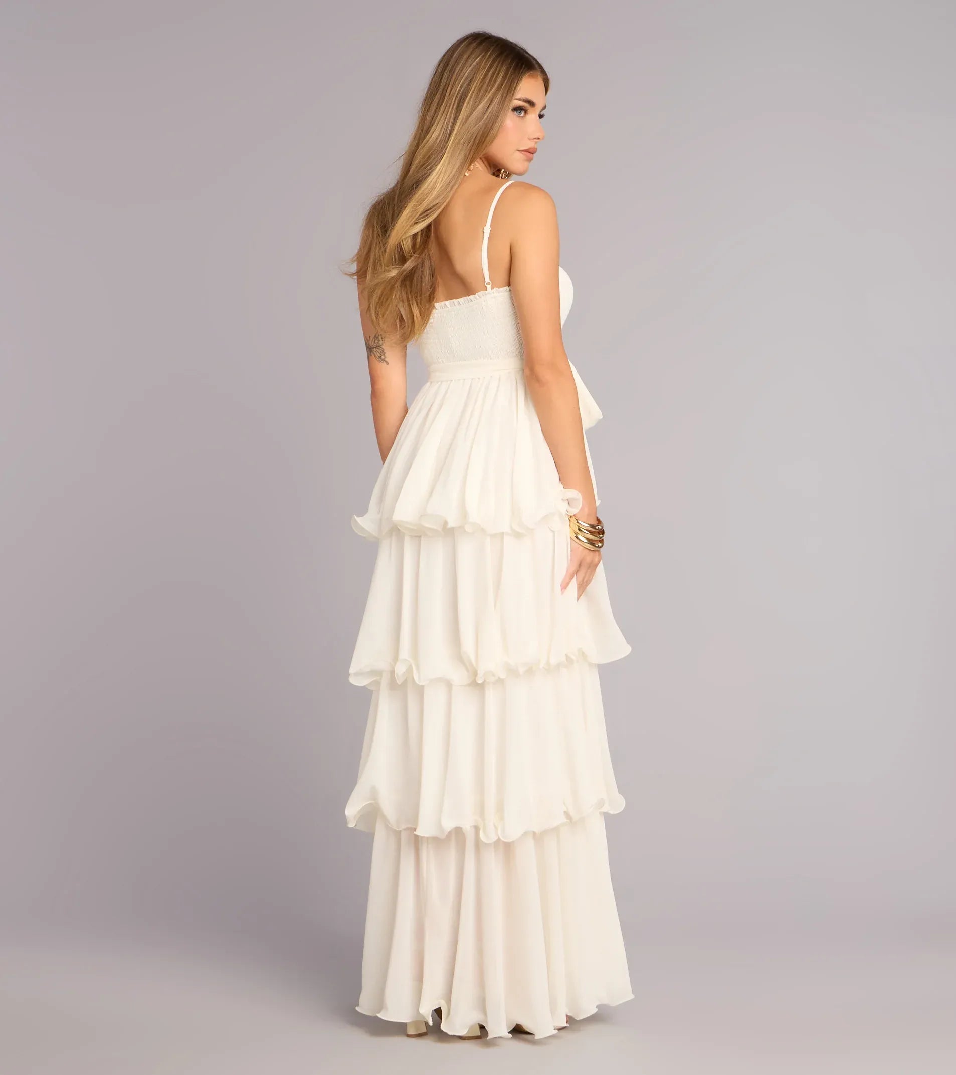 Vestido maxi de chifón para baile de graduación con tirantes finos, volantes escalonados, corte en A de princesa