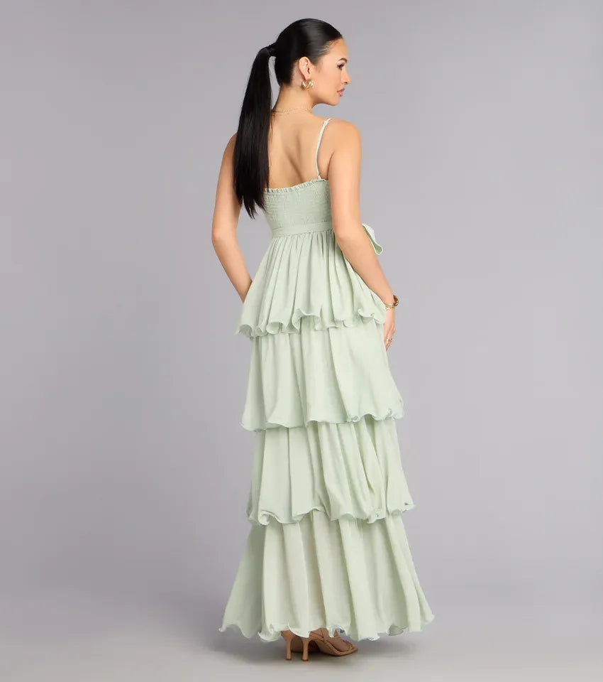 Vestido maxi de chifón para baile de graduación con tirantes finos, volantes escalonados, corte en A de princesa