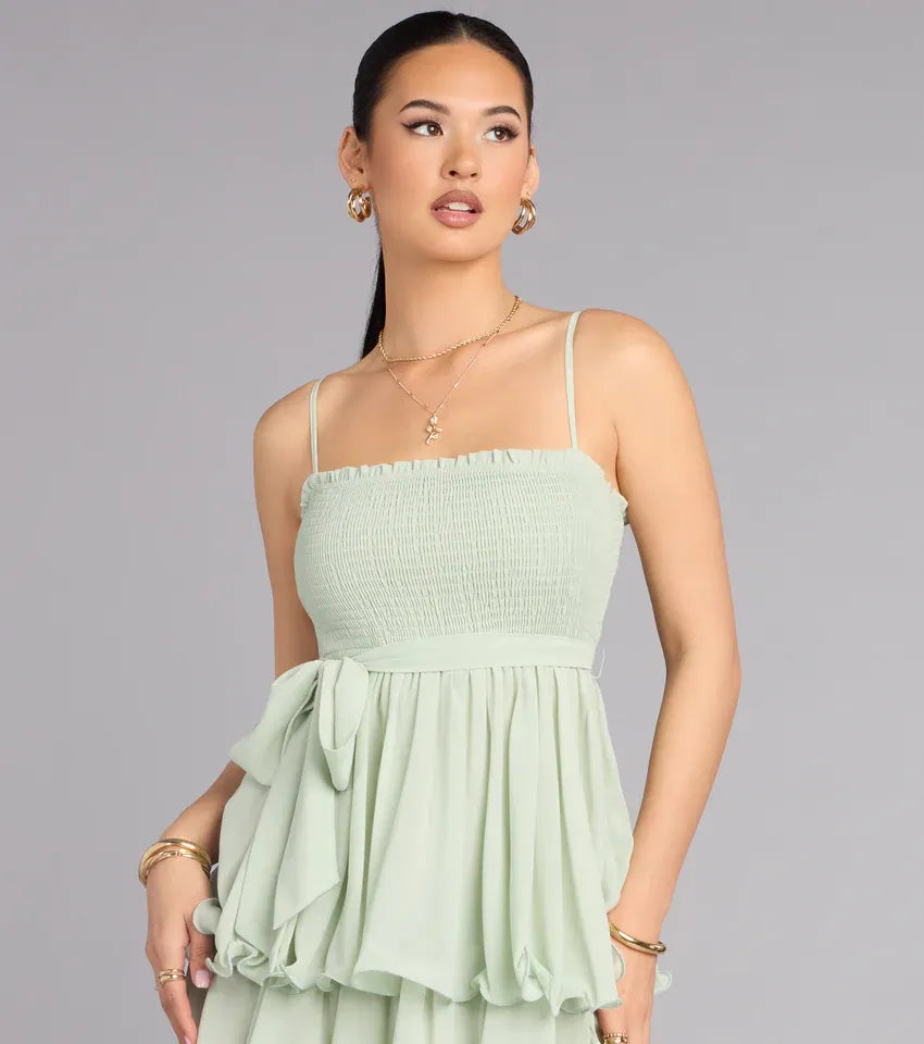 Vestido maxi de chifón para baile de graduación con tirantes finos, volantes escalonados, corte en A de princesa