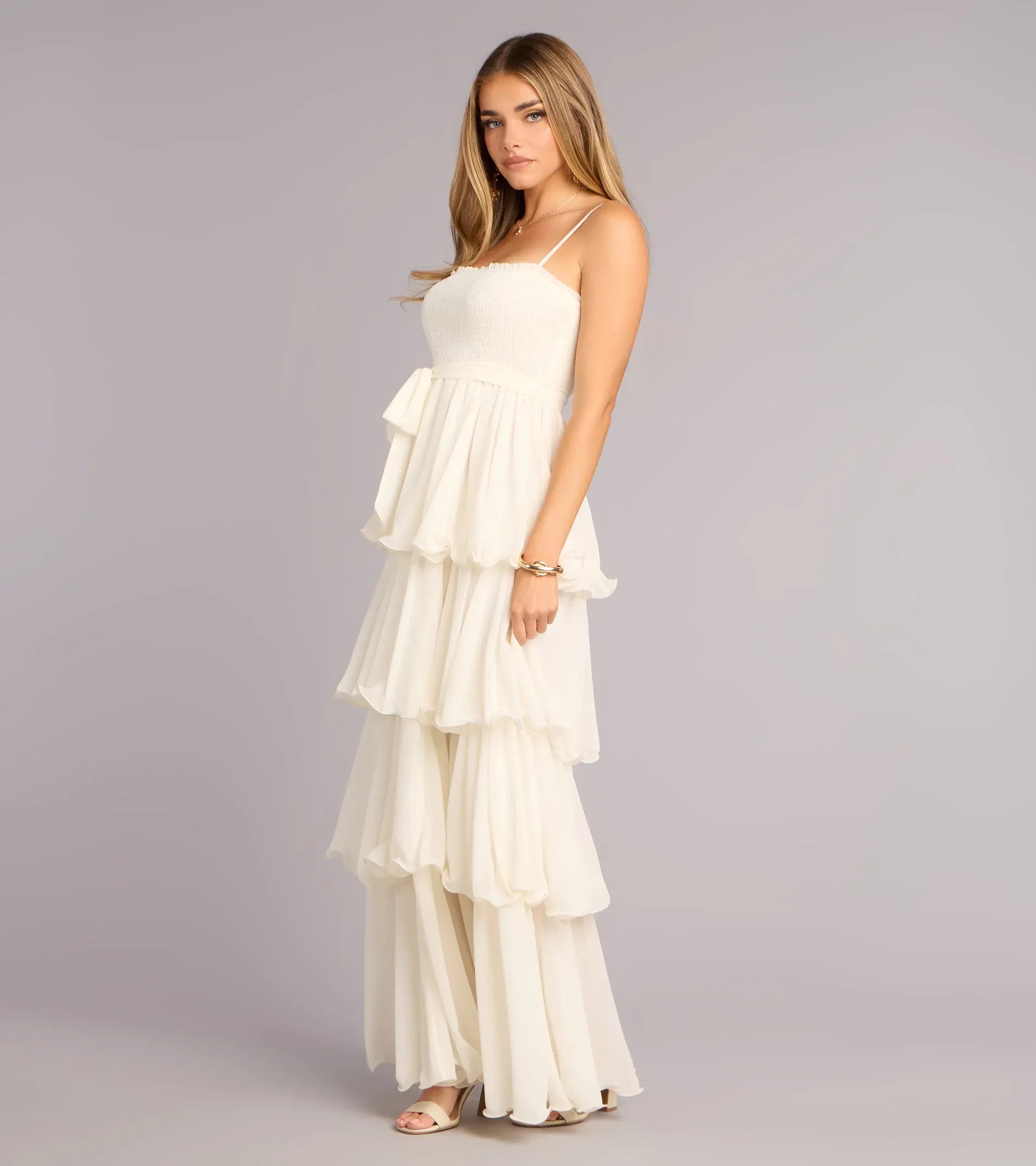 Vestido maxi de chifón para baile de graduación con tirantes finos, volantes escalonados, corte en A de princesa