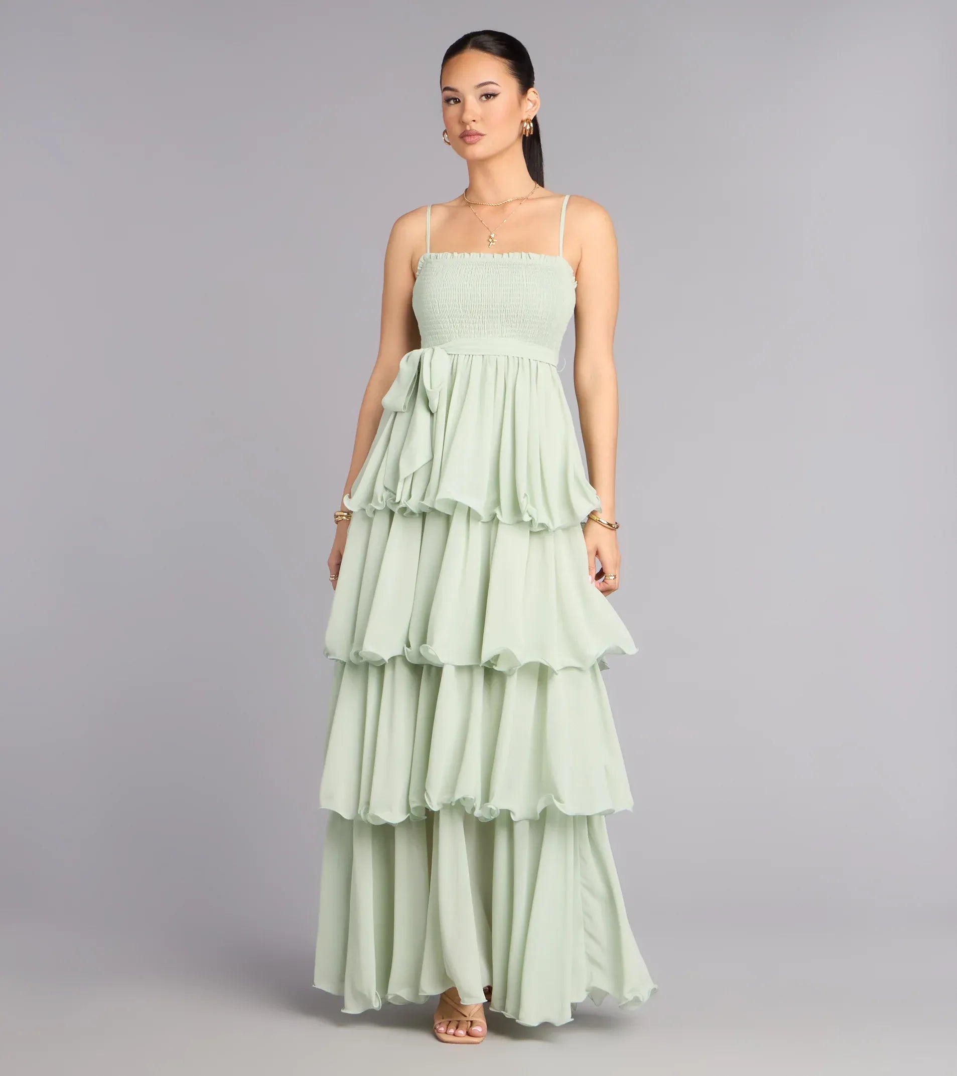 Vestido maxi de chifón para baile de graduación con tirantes finos, volantes escalonados, corte en A de princesa