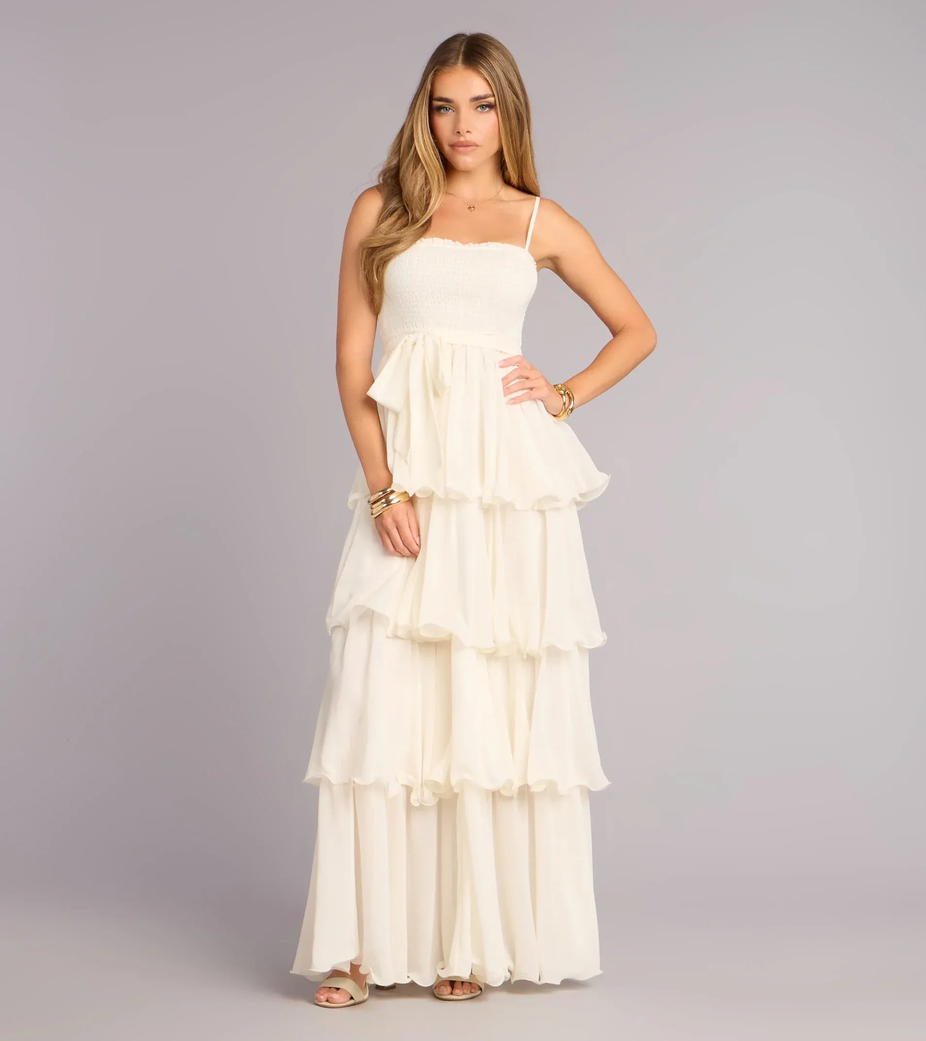 Vestido maxi de chifón para baile de graduación con tirantes finos, volantes escalonados, corte en A de princesa