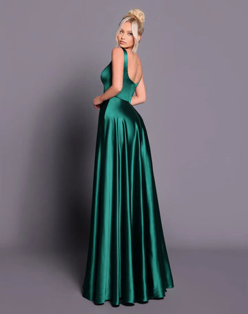 Elegant A-Line Square Neck Satin Gown With Pockets Formal Evening Dress