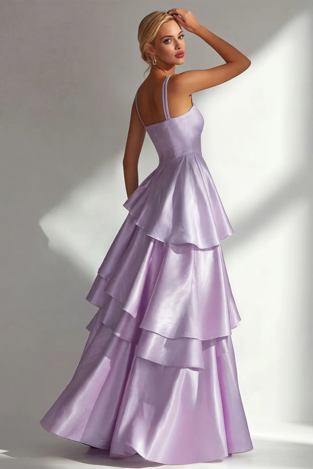 A-Line Square Neck Wedding Guest Dress Shiny Satin Gown With Tiered