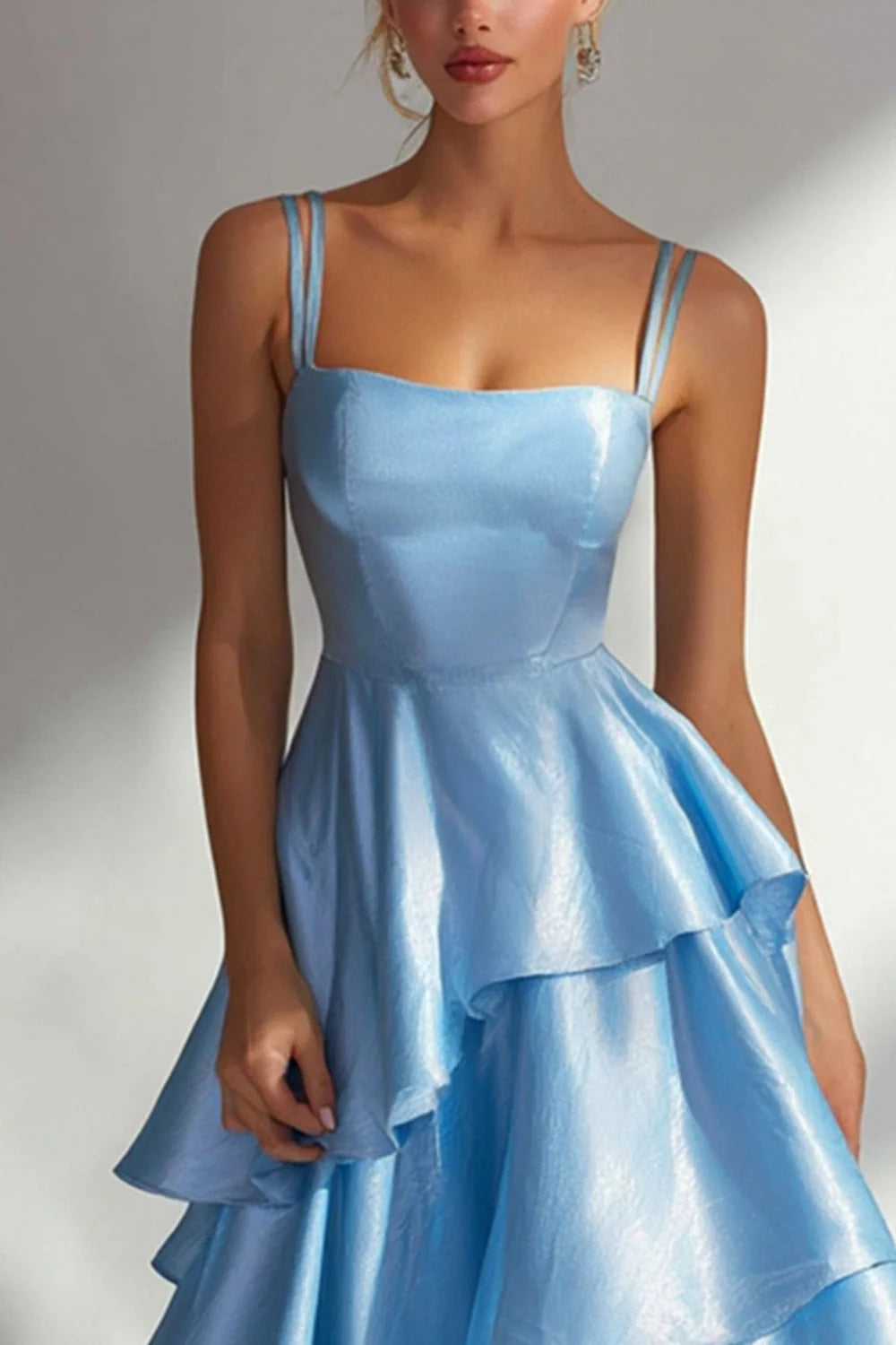 A-Line Square Neck Wedding Guest Dress Shiny Satin Gown With Tiered
