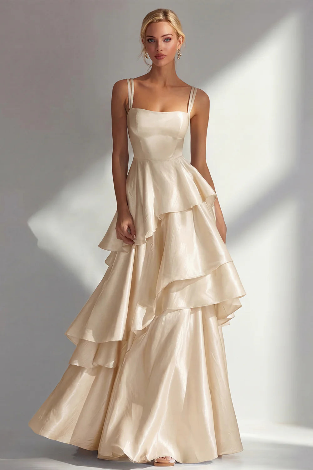 A-Line Square Neck Wedding Guest Dress Shiny Satin Gown With Tiered