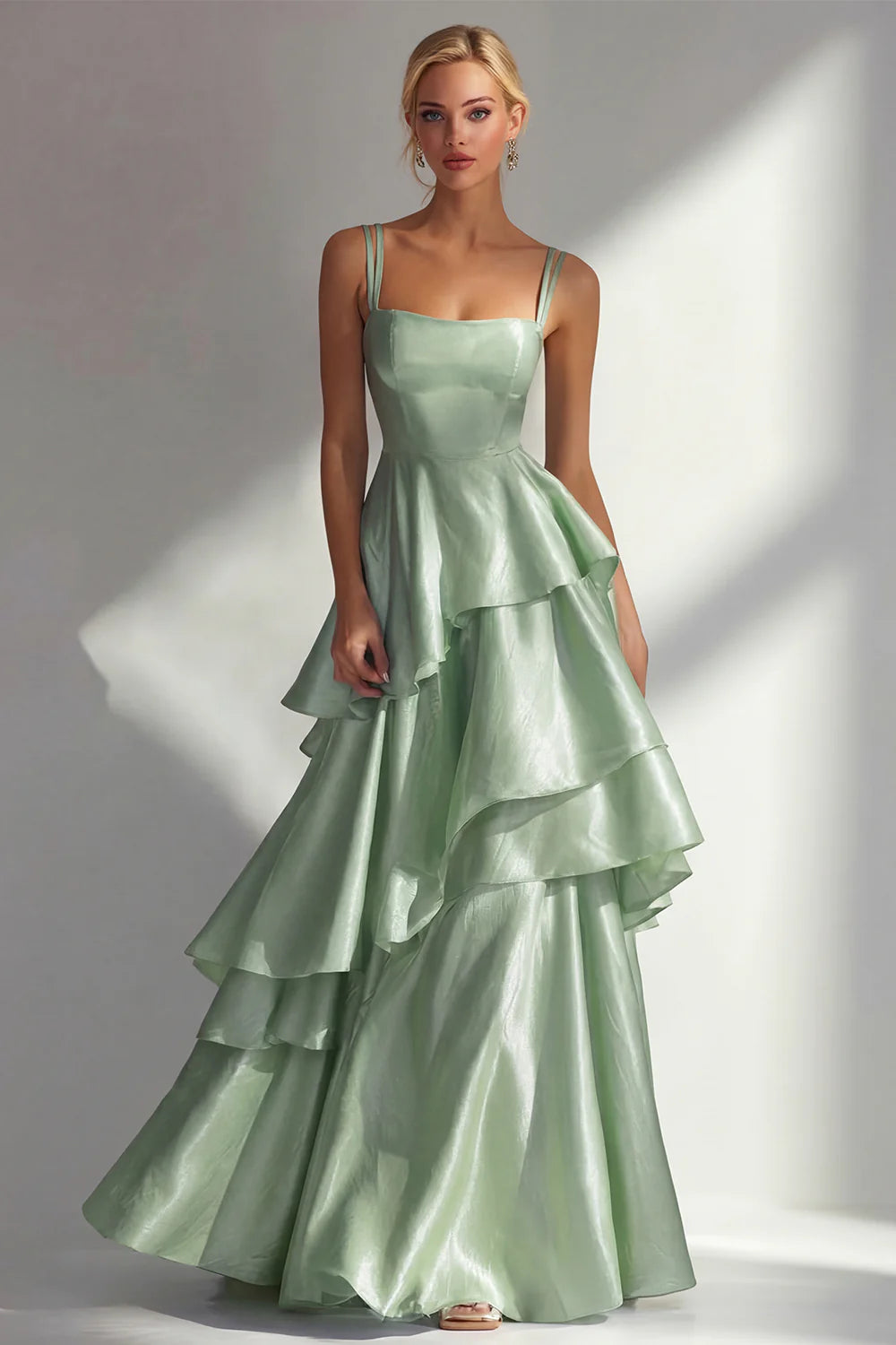 A-Line Square Neck Wedding Guest Dress Shiny Satin Gown With Tiered