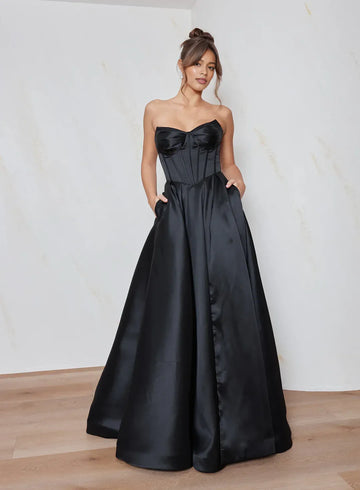Elegant A-Line Strapless Corset Satin Maxi Gown Formal Evening Dress