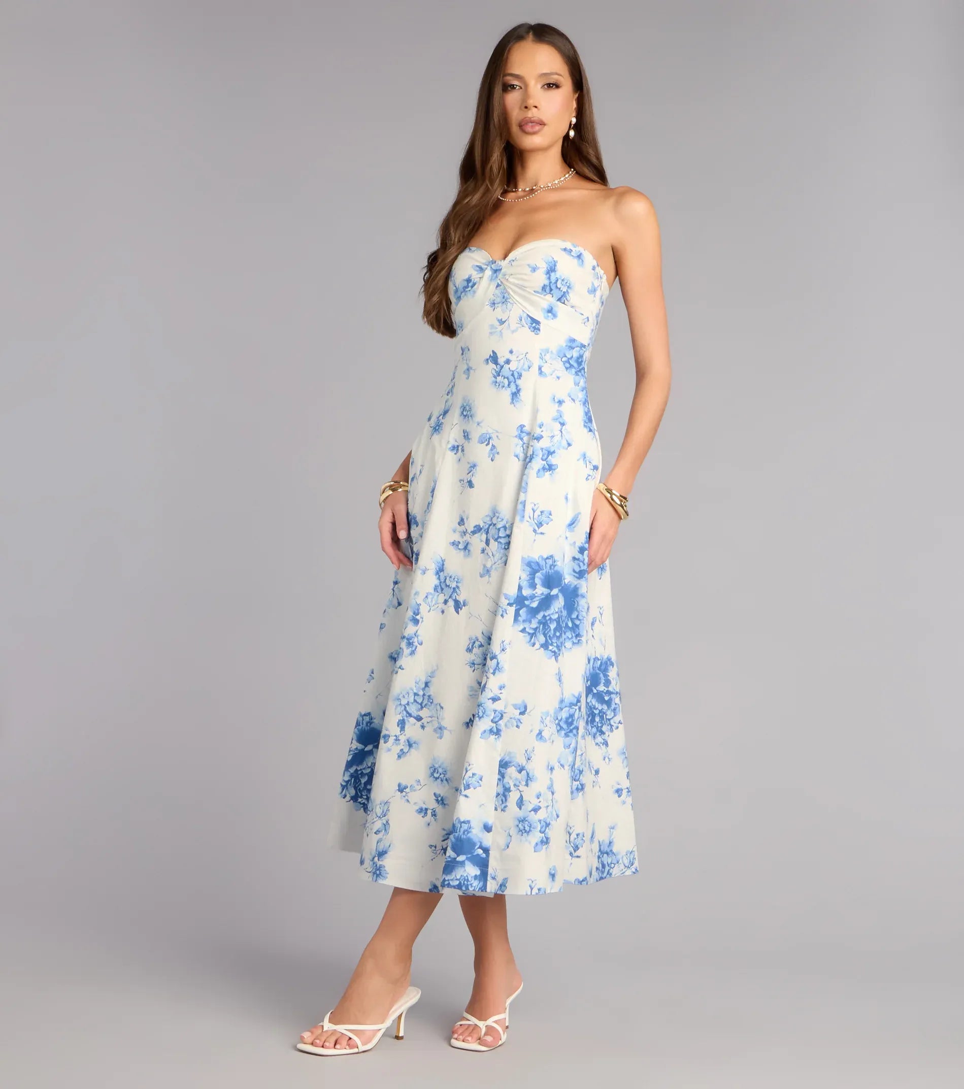 A-Line Strapless Floral Print Midi Formal Dress Sweetheart Evening Dress With Pockets