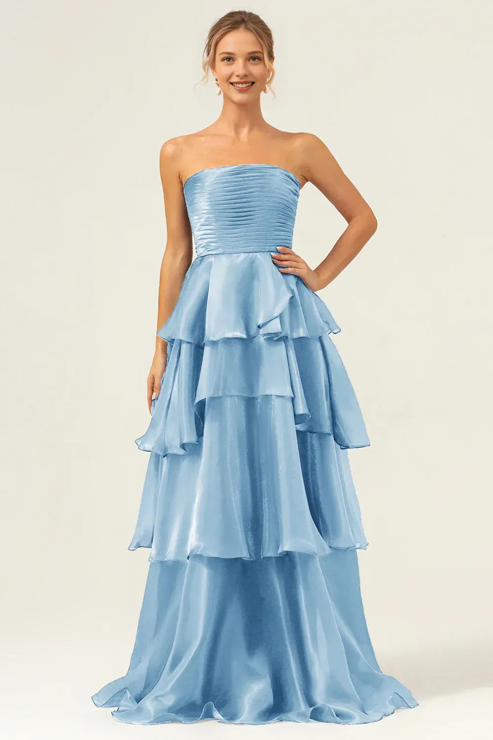 Vestido de Noche Formal Acampanado, sin Mangas, sin Tirantes, Fruncido, con Volantes, hasta el Suelo
