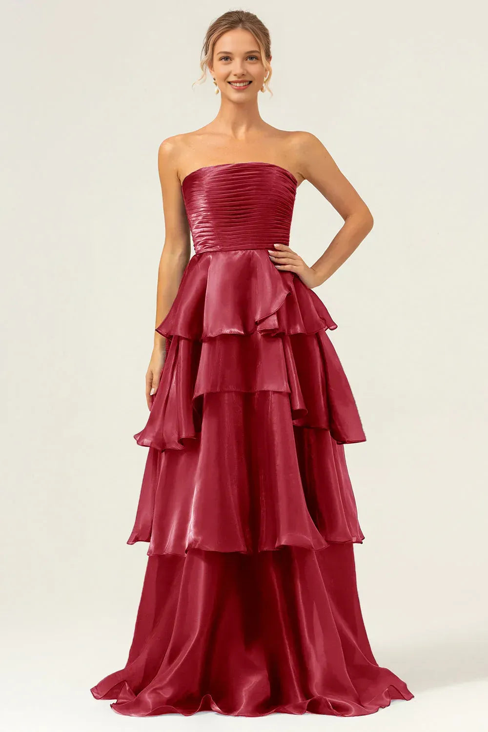 Vestido de Noche Formal Acampanado, sin Mangas, sin Tirantes, Fruncido, con Volantes, hasta el Suelo