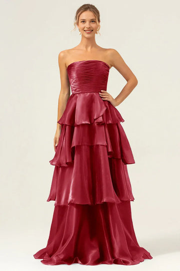 A-Line Strapless Sleeveless Ruched Tiered Floor Length Formal Prom Dress