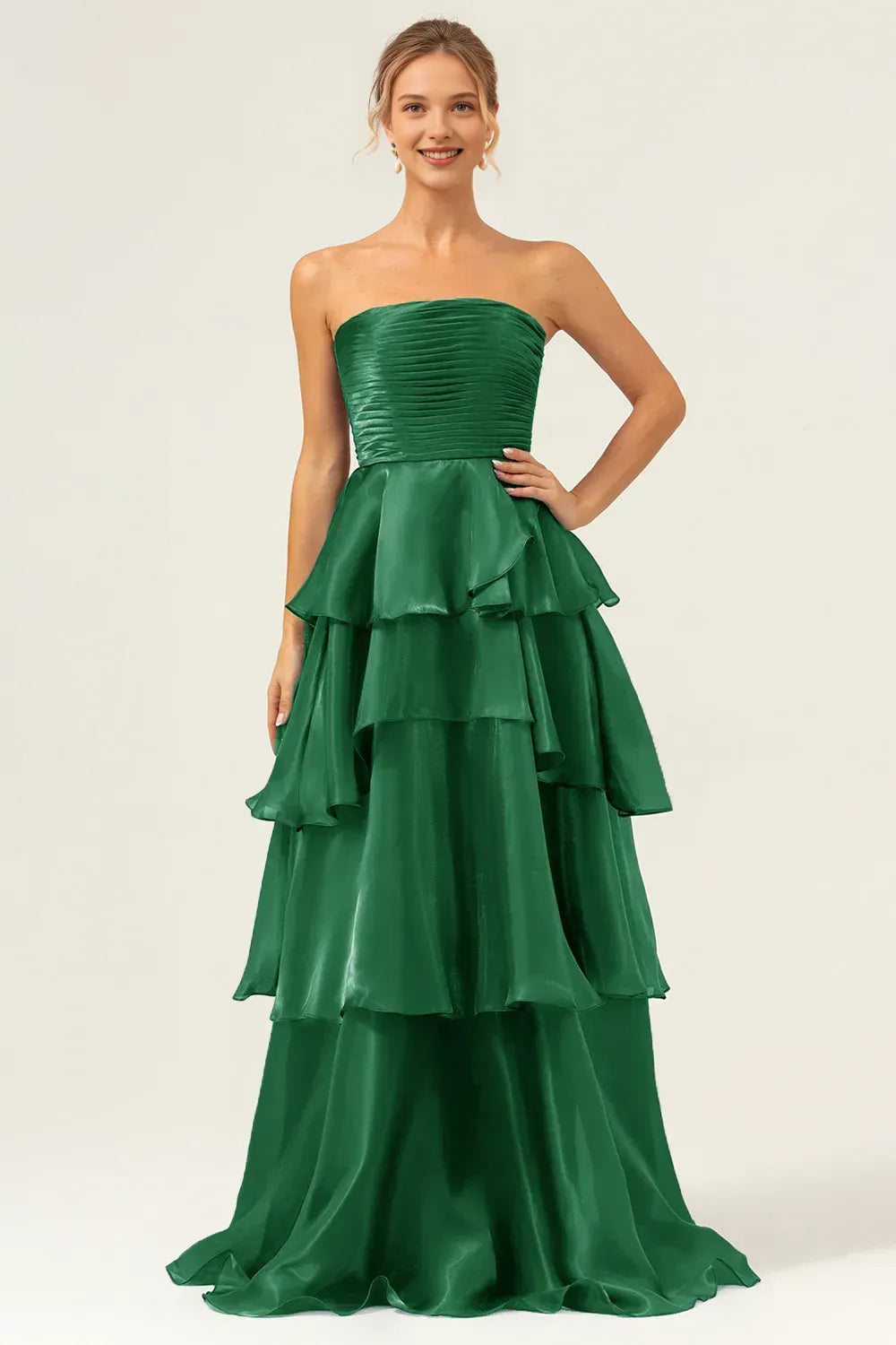 Vestido de Noche Formal Acampanado, sin Mangas, sin Tirantes, Fruncido, con Volantes, hasta el Suelo