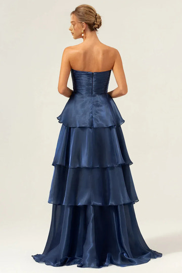 Vestido de Noche Formal Acampanado, sin Mangas, sin Tirantes, Fruncido, con Volantes, hasta el Suelo